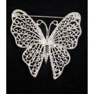 Vintage‎ M Jent Butterfly Pin Silver Tone Open Metal Work Brooch